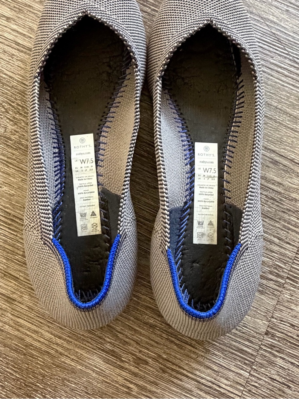 Rothy's Pointed Toe Flats in Gray with Blue Trim - Picture 2 of 4